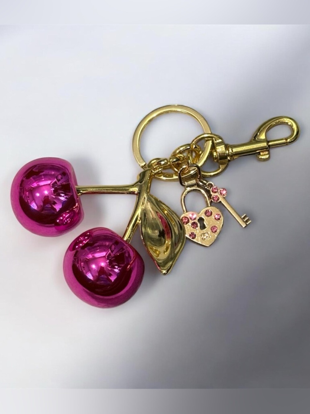 Gold Cherry Keychain with Pink Charms